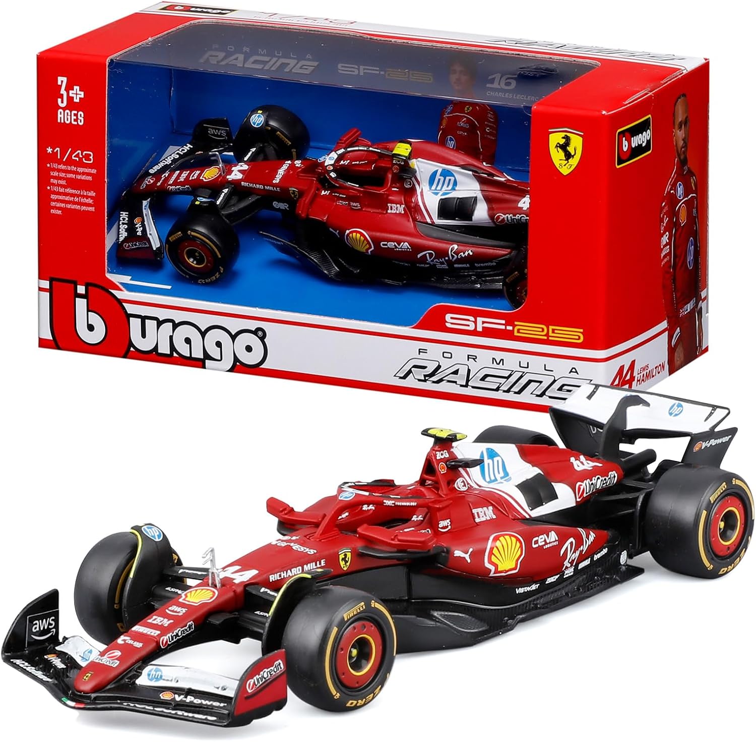 18-36853 H Bburago Ferrari SF-25 F1 2025 #44 Lewis Hamilton Modello Diecast 1:43