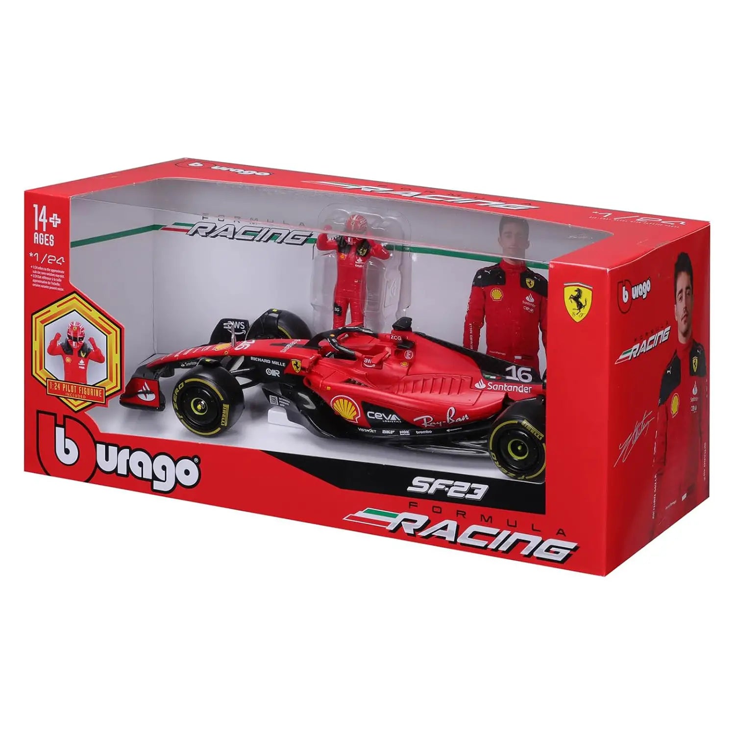 * 18-26809L Bburago Formula Racing - Ferrari SF-23 #16 - con figura Leclerc