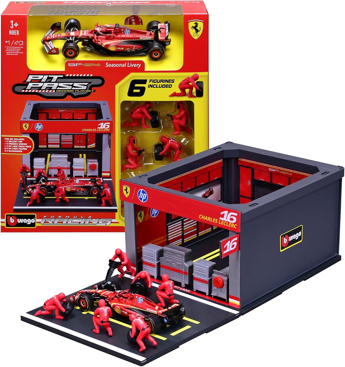 18-36862L Bburago Ferrari SF-24 Leclerc Pit Stop 1:43  Set F1 Ufficiale